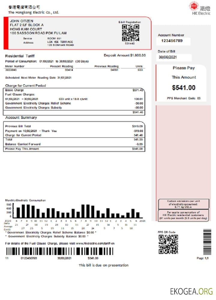 Hong Kong Hongkong Electric Company utility bill
